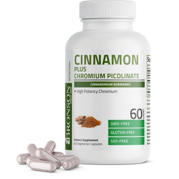 Bronson Cinnamon 2000 MG per Serving Plus Chromium Supports Sugar Metabolism, High Potency Chromium, Non-GMO, 60 Vegetarian Capsules