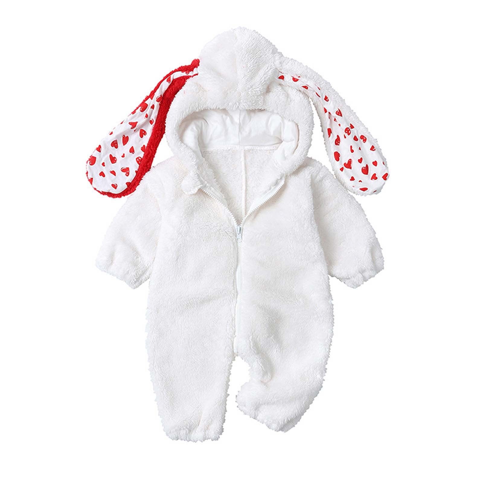 UAMVSH Newborn Baby Jumpsuit Winter Clothes Infant Boys Girls Fleece Hooded Romper Long Sleeve Onesies Heart Print Ears Zipper Warm Coat
