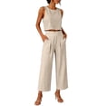 thumbnail image 3 of ClodeEU Women's Linen 2 Piece Outfit ,Sleeveless Crewneck Tank Top and Straight Leg Cropped Pants Set ,Casual Summer Office Wear Beige,Women's Plus L, 3 of 9