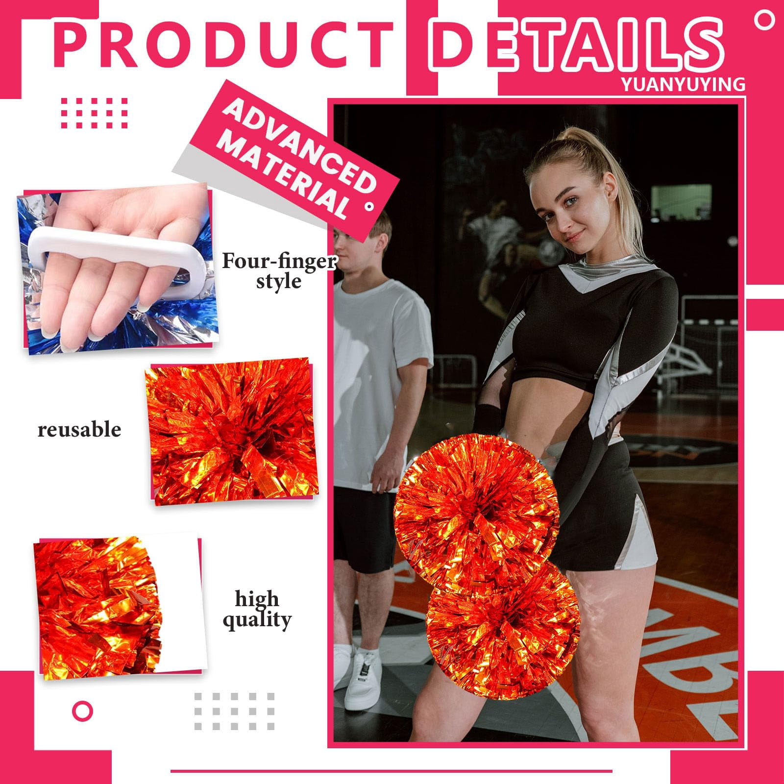 Pom Poms Cheer 18 Pcs with Four Finger Handle, Cheerleading Handheld Squad Pompoms for Sports Team Cheer Spirit Games Dance Party Adults