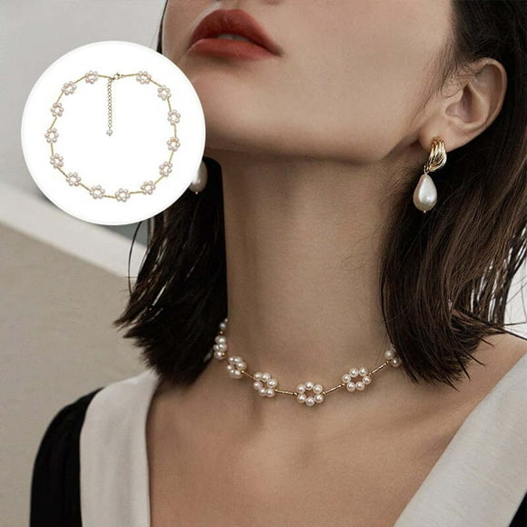 pstuiky Gold Necklace for Women, Flower Pearl Necklace Beaded Chain Flower Pearl Necklace Collarbone Necklace Best Friend Necklaces Choker Necklaces for Girls Clearance Sale