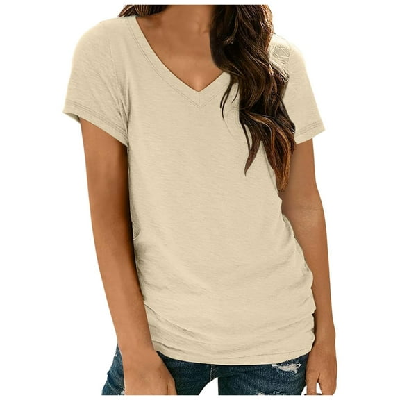 Women's Solid Color V Neck Short Sleeve T-Shirt - Fashionable and Versatile Basic Top