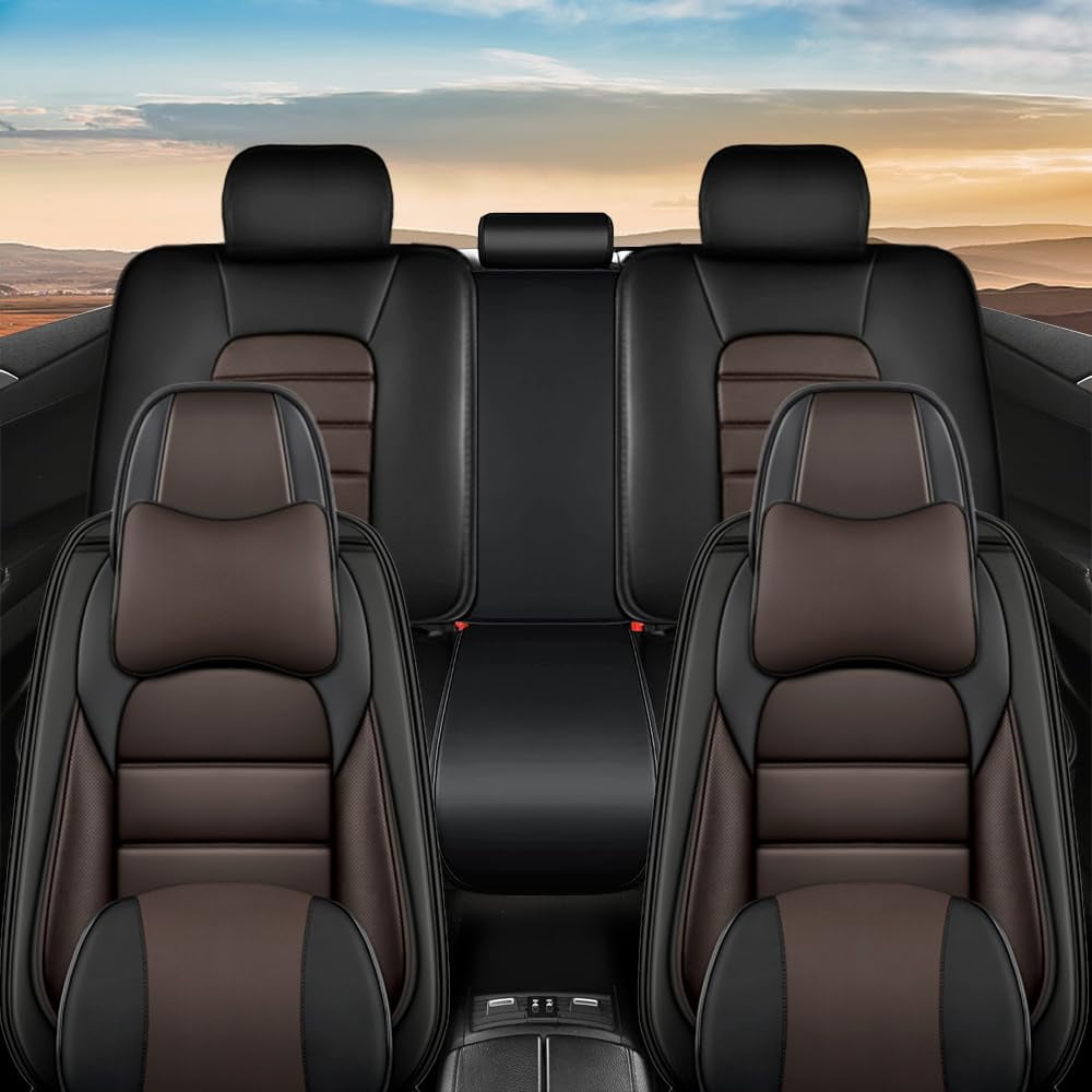 AFUNTIO Leather 5 Seat Covers for Ford 99% Models,Luxury Car Seat Cushions Full Set,Waterproof Car Sit Protectors,Nonslip Interior Accessories(Black and Coffee)