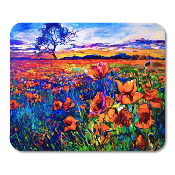 POGLIP Original Oil Painting of Poppy Field in Front Beautiful Sunset Mousepad Mouse Pad Mouse Mat 9x10 inch