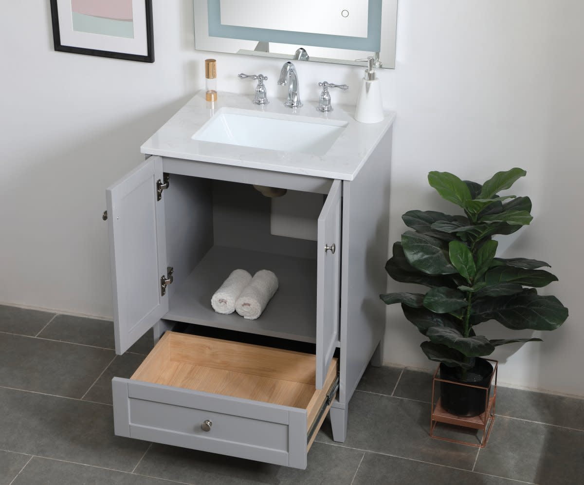 24 Modern Stylish Bathroom Vanity with Porcelain Sink and Open Shelves,White - ModernLuxe