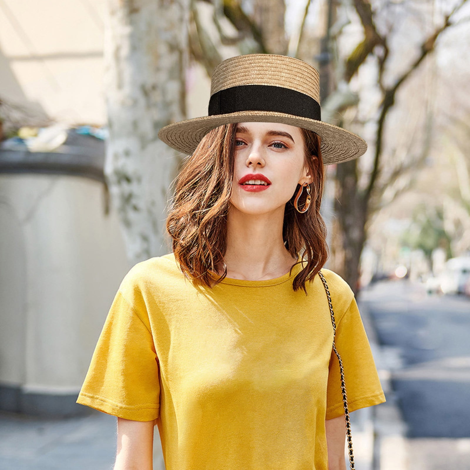 Women Summer Straw Hats Flat Party Hats Ladies Beach Hats Women 並行輸入品 women straw hat Flat Top Straw Hat Vacation Casual Shopping Beach Hats for  Woman Hats for girls Church Courtesy Panama Sun Hat