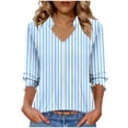 thumbnail image 2 of jobturf Womens Tops Dressy Casual V Neck Striped Shirt Beach Vacation Summer Blouses Cute Smocked Cuff 3/4 Sleeve T Shirts S-XXL, 2 of 6
