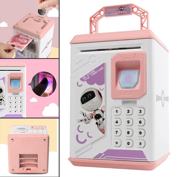 Electronic ATM Piggy Automatic Roll Money Bloqueo de de contraseña de huella de digital, Toys Caja de ahorro de dinero para niñas Rosa Hugo Banco de juguetes para niños