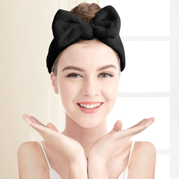Black Headband for Women Hydrotherapy Headband 1 Piece Bow Hairband Women's Facial Makeup Headband Soft Coral Velvet Headband for Shower Face Wash