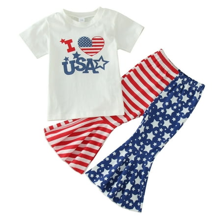 

TAIAOJING Toddler Girl Clothes Short Sleeve Independence Day 4 Of July T Shirt Tops Star Striped Prints Bell Bottoms Pants Kids Outfit 4-5 Years