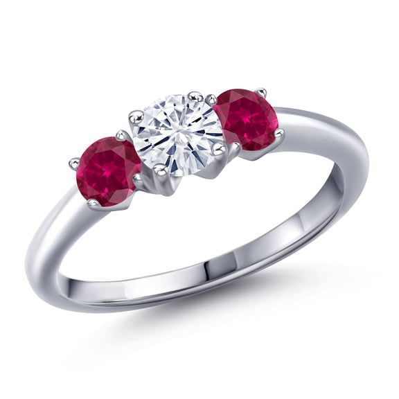 Gem Stone King 925 Sterling Silver White Moissanite and Red Created Ruby Engagement Ring for Women | 1.00 Cttw | Round 5MM | Gemstone Birthstone | Size 6