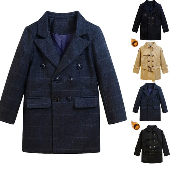 Gamivast Fall Trench Coat for Kids Boys Toddler Loose Lapel Collar Double Breasted Winter Jackets with Waistblet Trendy Cool Long Sleeve Peacoat with Pockets Thick Outerwear for 1-12 Years Old