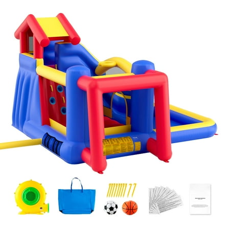 KFFKFF Bouncy Inflatable Castle, Superior Outdoor Trampoline Playhouse, Jumping Bouncer Incorporating Blower, Slide, and Carry Bag, Ideal for Children Aged 3-8 Years， Dimensions 131x133x91 inch