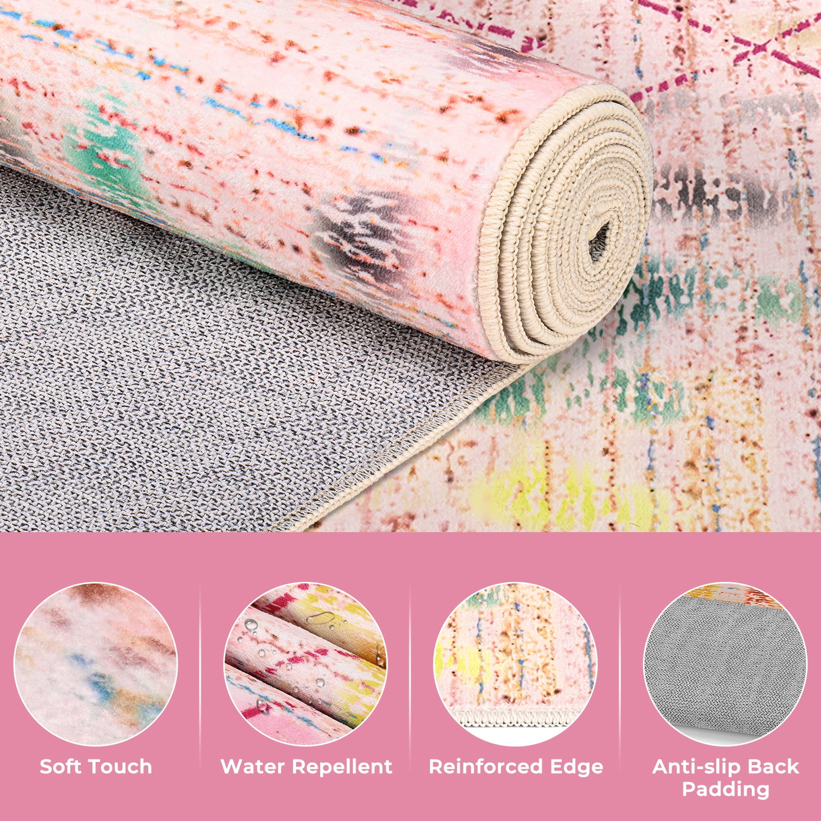 Washable Area Rug for Living Room, 8'x10' Bohemian Aztec Non-Slip indoor Rug, Soft Low Pile & Stain Resistant Polyester Geometric Carpet for Bedroom, Dinning Room, Kids Playroom, Girls' Bedroom
