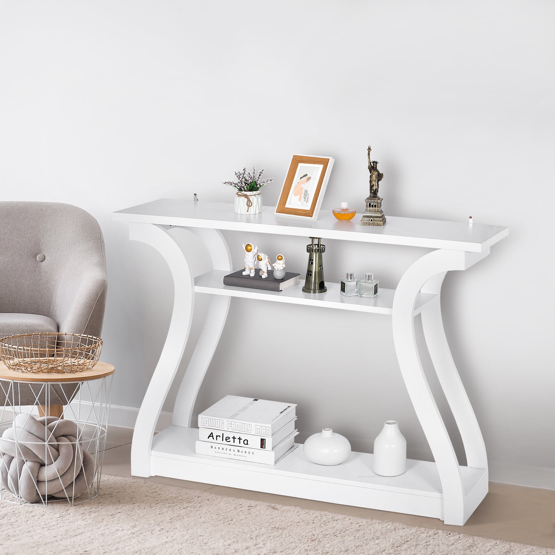 ZENY 47" Accent Console Table Simple Style 3 Tier Shelves Sofa Side Table Entryway, White