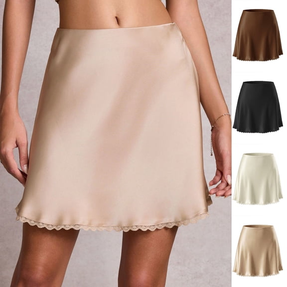 Miluxas Women Satin Silky Mini Skirt Solid Color Lace Trim Patchwork Short Skirt Elegant Elatic Low Rise Bodycon Short Underskirt Slip Skirt Khaki
