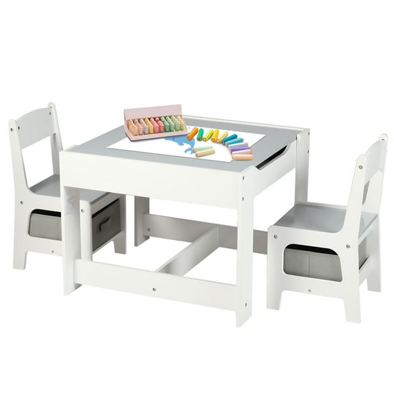 AILEEKISS 3 in 1 Toddler Wood Table & 2 Chairs Set, Activity Table for Toddlers, Grey