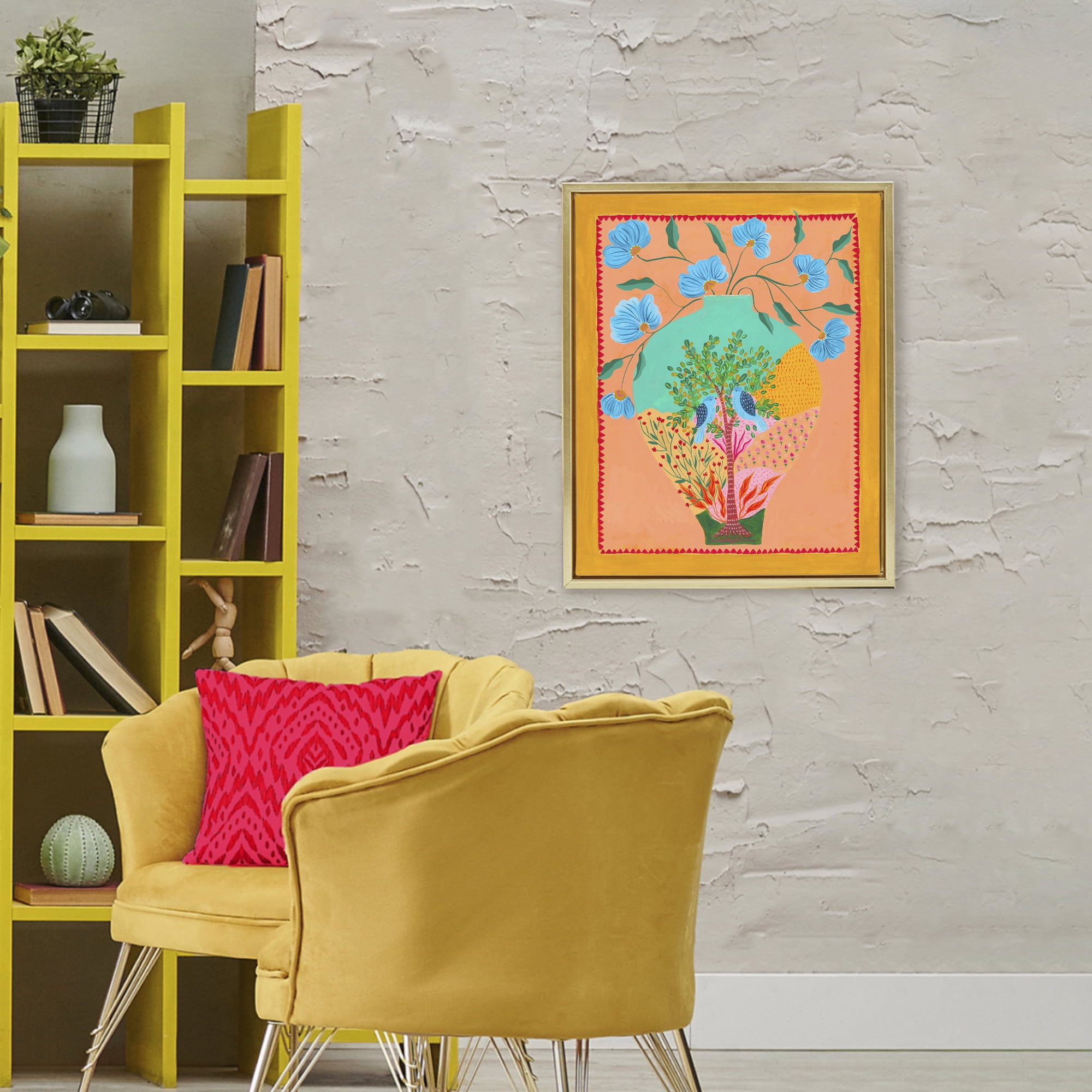 Bluebirds & Boho Flower Vase Gold Framed Floater Canvas Wall Art, design by Nabeela Rumi