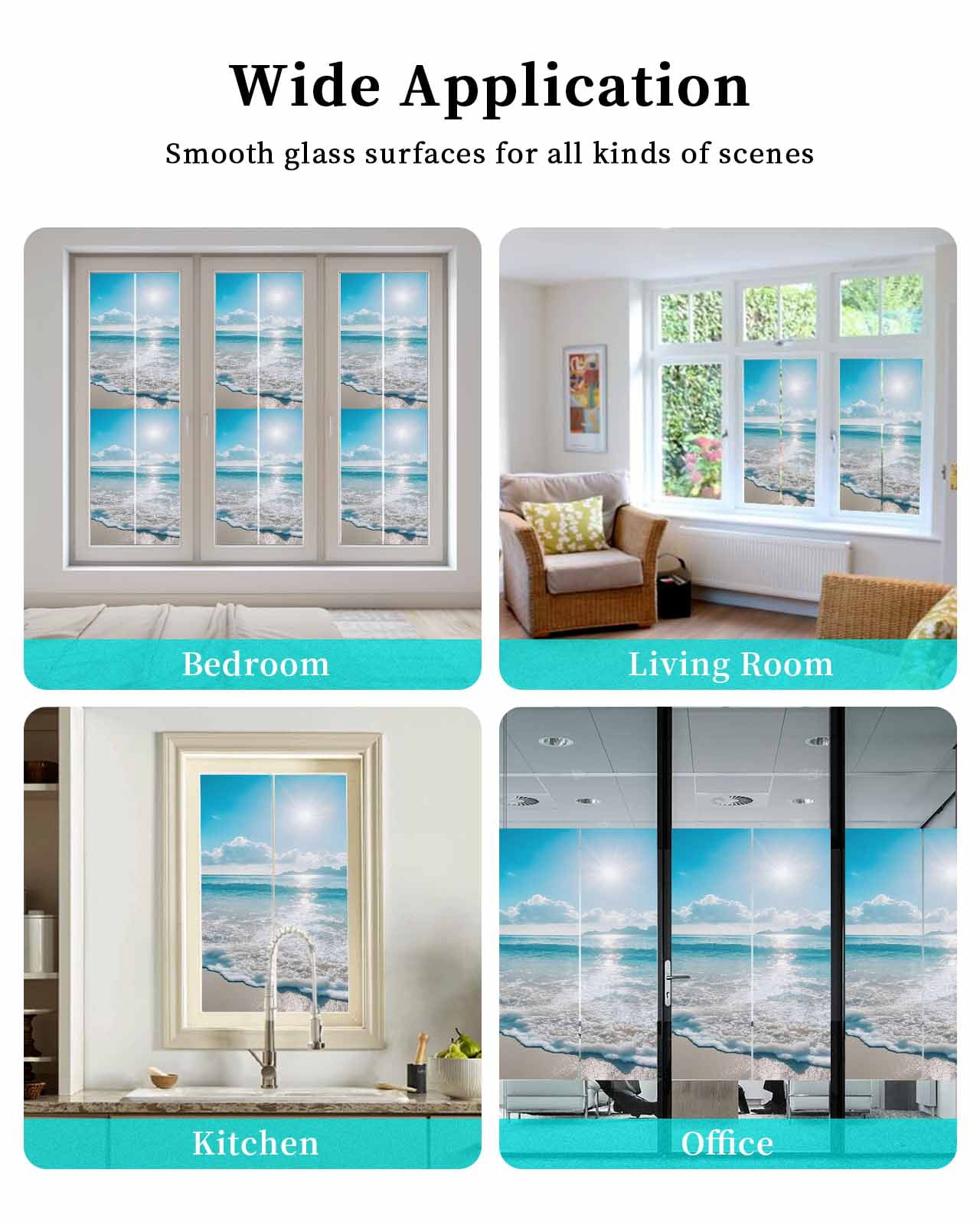 Window Privacy Film Coastal Beach Stained Glass Window Film Decorative Sun Block Window Cover Blue Ocean Sunrise Waves Sand Shore Window Clings Static Adhesive Sticker for Bathroom 19.6"x39.3"