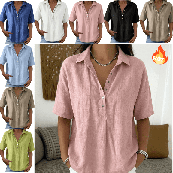 Mifsaly Linen Henley Shirts for Women Short Sleeve V Neck Button Down Blouses Collared Casual Loose Summer Tops Comfortable Lightweight Office Work Outfits S
