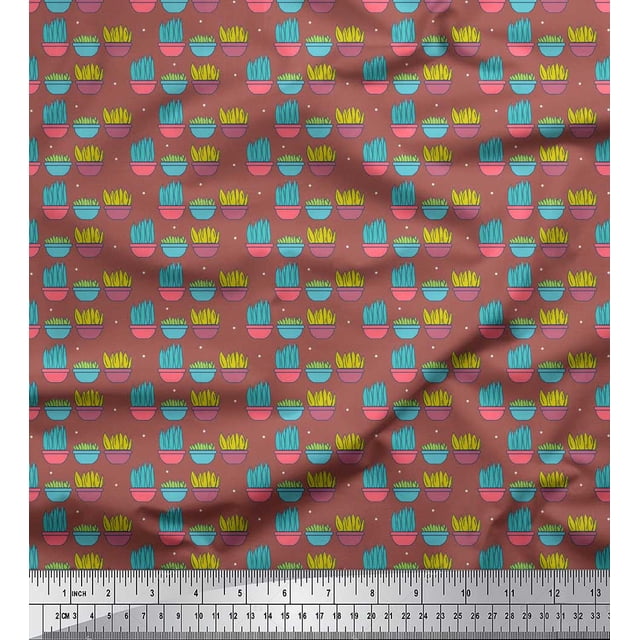 Soimoi Brown polyester Crepe Fabric Dot,Pot & Plants Garden Accessories Print Fabric by the Yard 52 Inch Wide