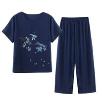 Lovskoo Cotton Linen Set for Women Summer Casual Solid Set Printed Short Sleeve Round Neck Top Pants Suit Thin Weared Outer Home Suit Navy