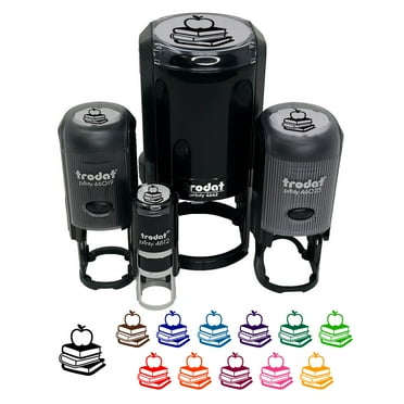 Apple on Stack of Books Reading Library Teacher Self-Inking Rubber Stamp Ink Stamper - Black Ink - Mini 1/2 Inch