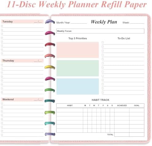 Weekly Planner Undated Refills - Letter Size 53 Sheets/106 Pages Colorful Weekly Planner for 11-Disc Discbound, TUL, 100 gsm White Paper, Lasts 1 Year, Undated, 8.5" x 11"