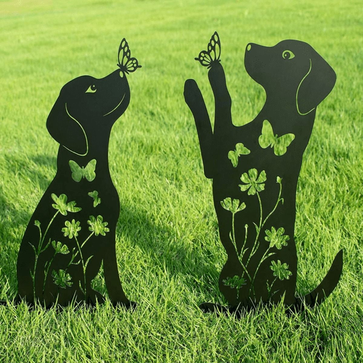 2pcs Dog Garden Stakes with Butterflies & Flowers - Metal Iron Labrador Silhouette Decorative Yard Art - Weather-Resistant Animal Statues for Outdoor Garden, Lawn, Patio, Planter Decor - Dog Lover Gi