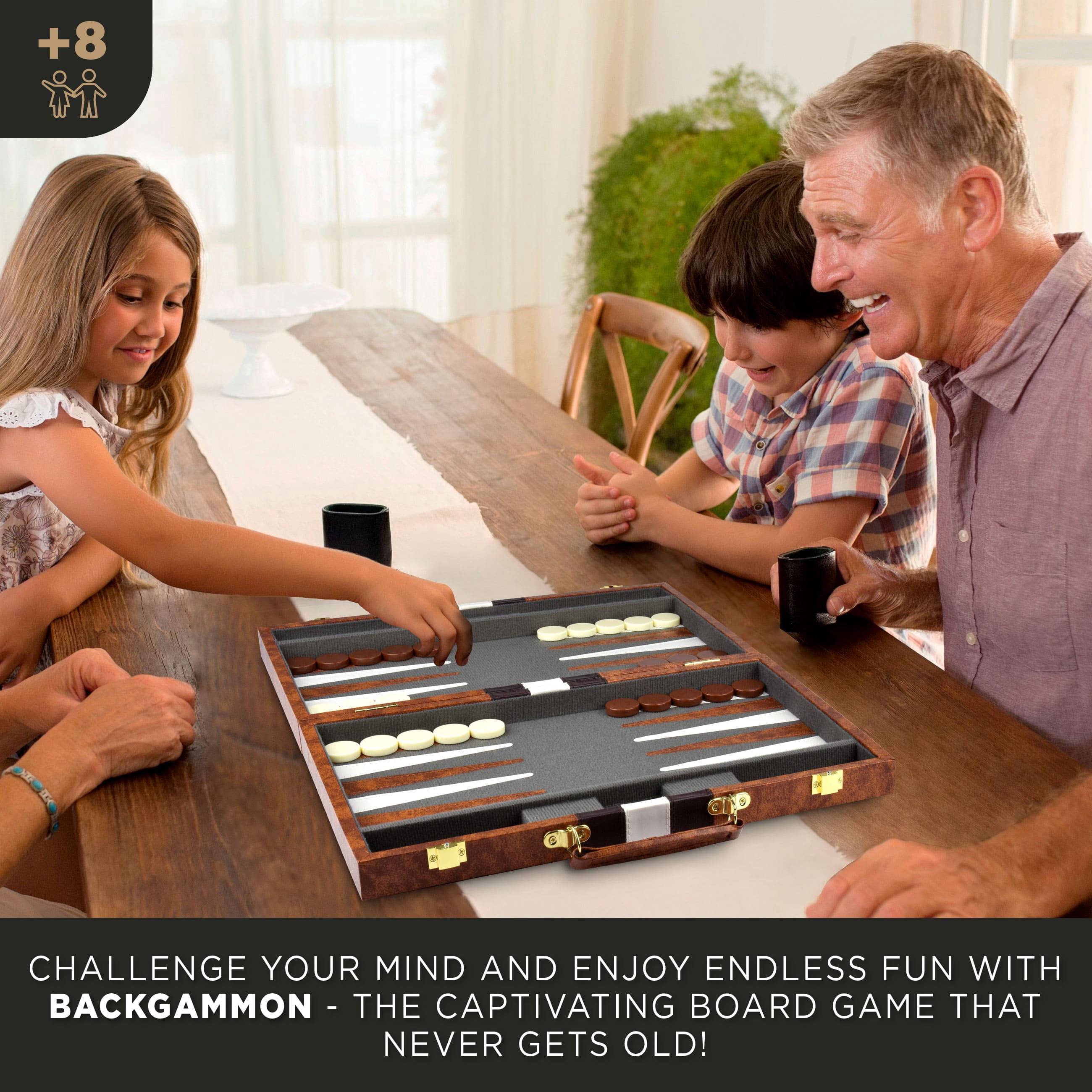 Queensell Backgammon Board Game Set – 15 inch with 32 Pieces in PU Leather Case for Adults and Kids