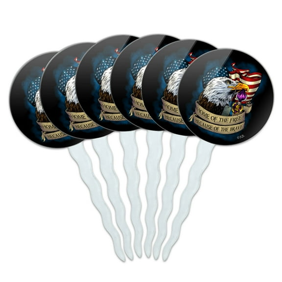 Home of the Free Because of the Brave Purple Heart Eagle American Flag Cupcake Picks Toppers Decoration Set of 6