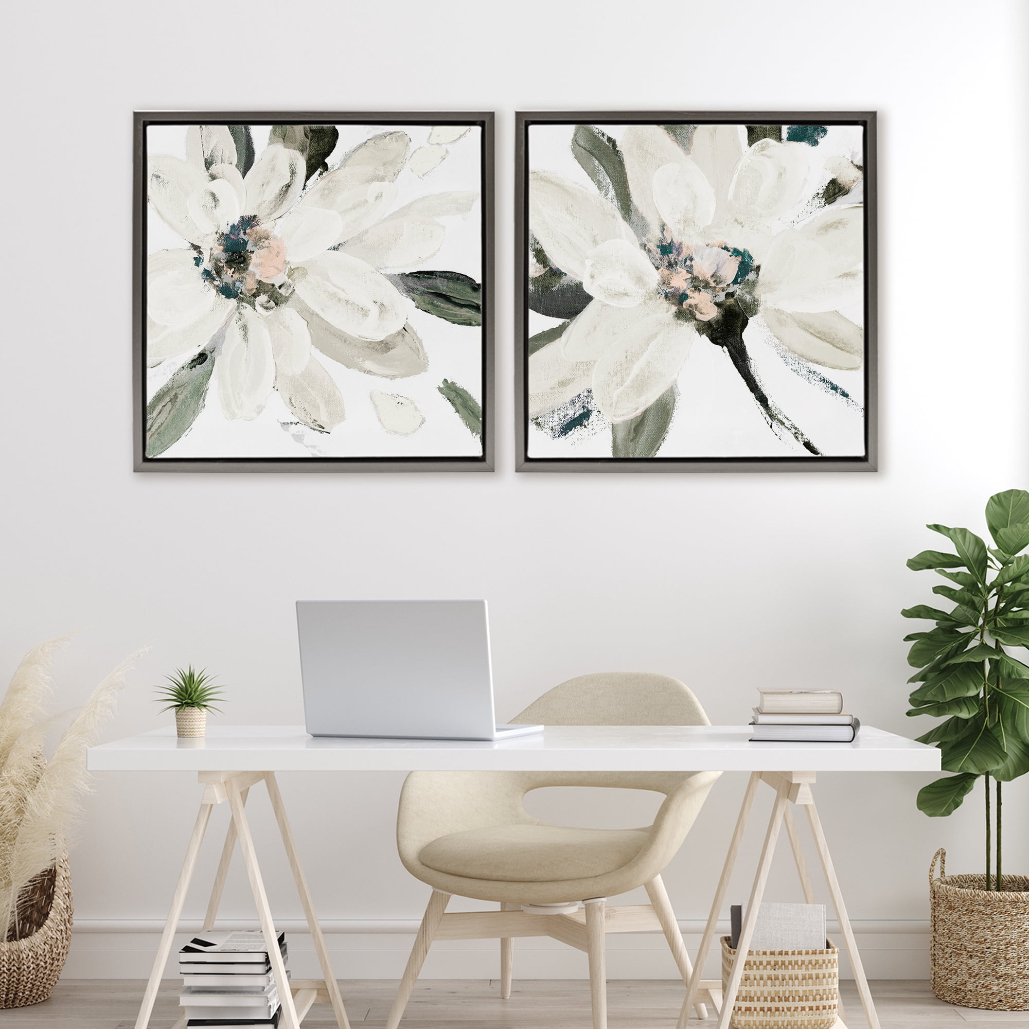 Stupell Industries Naturally Blooming White Flowers 2 Piece Gray Framed Floater Canvas Set, design by Lanie Loreth