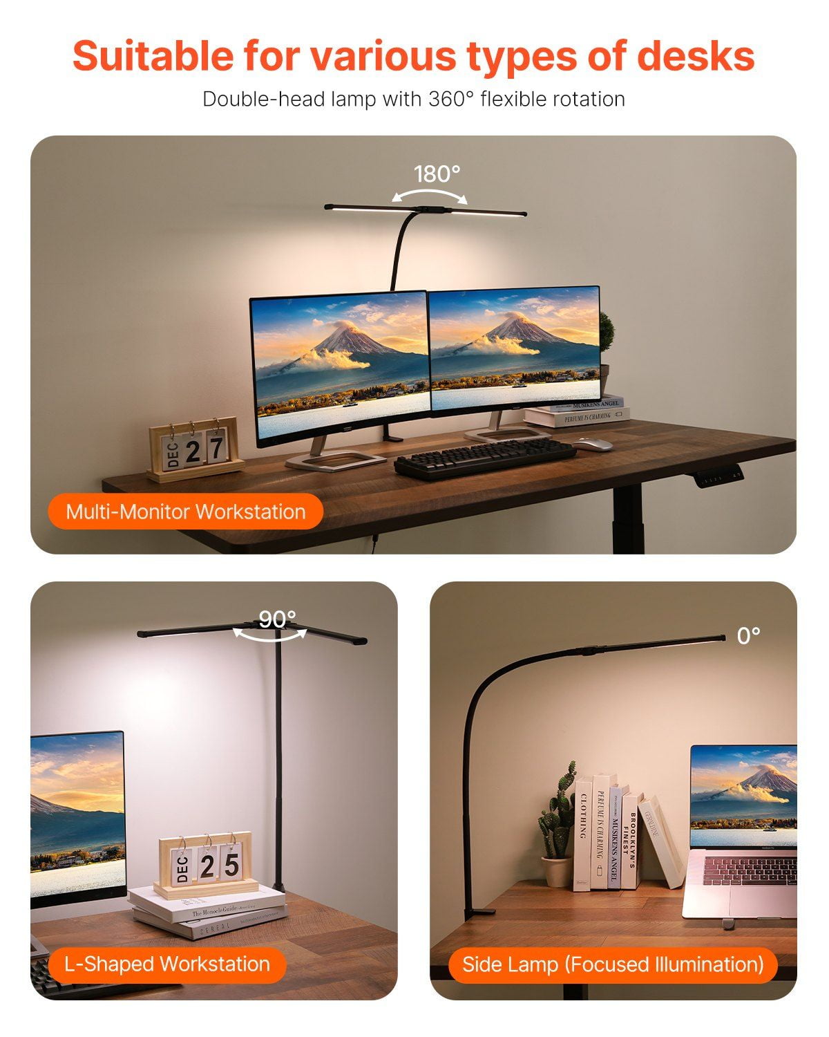 Dual Head LED Clamp Desk Lamp, 360° Flexible Gooseneck, Adjustable Brightness, Eye-Caring Light for Office/Study/Workbench (Black)