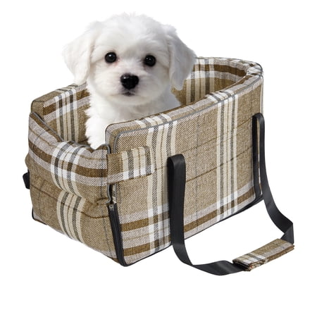 Small Dog Car Console Seat for Dogs Under 17 lbs, Portable Pet Booster Seat with Safety Leash, Removable Puppy Car Travel Bed, Center Console Dog Car Seat with Thick Cushion & Storage Pockets