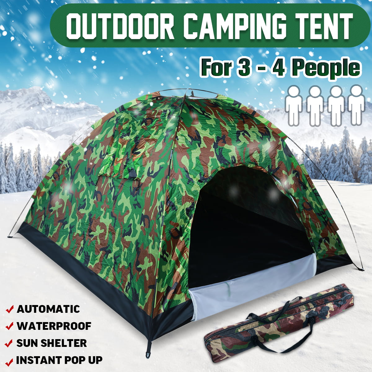 3-4 person auto-open tent up in 1 minute! From bag to set 