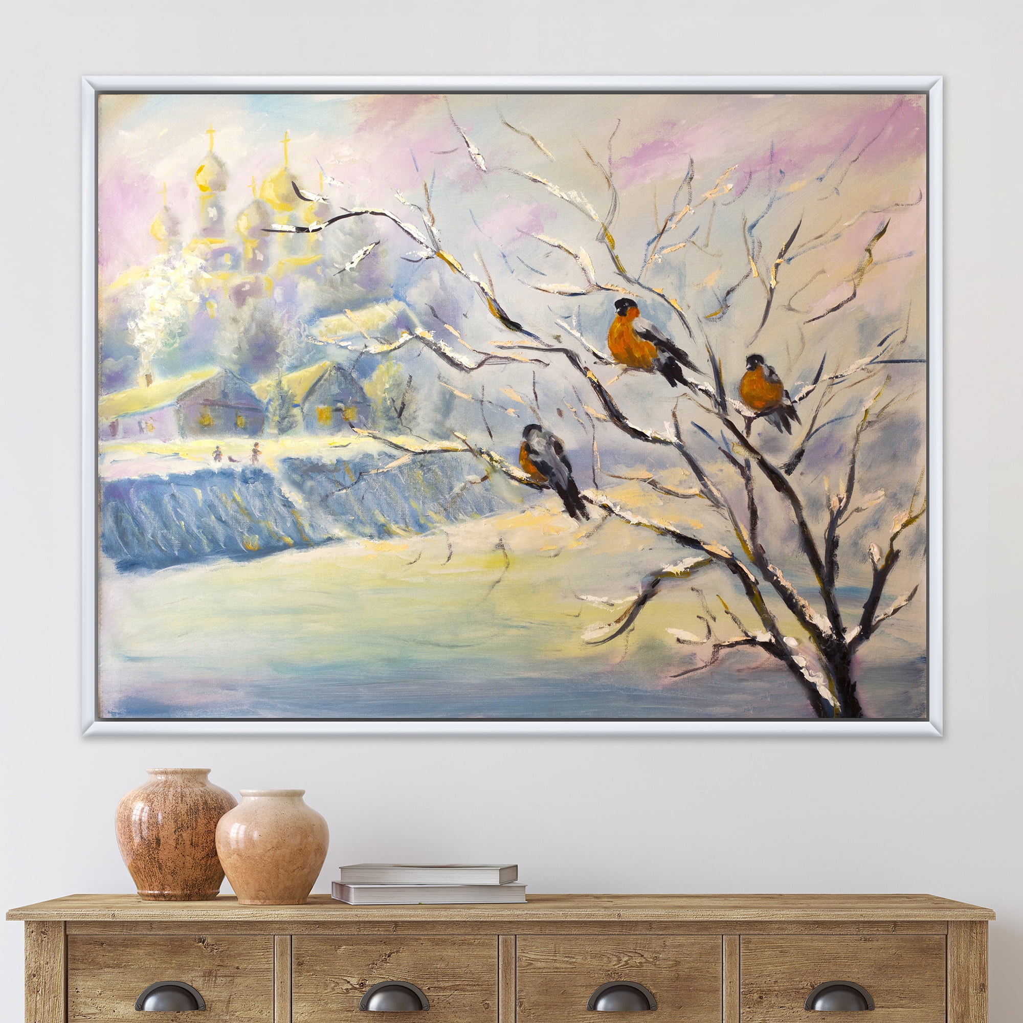 Designart 'Rustic Birds Sitting On A Tree In Winter Village' Farmhouse Framed Canvas Wall Art Print