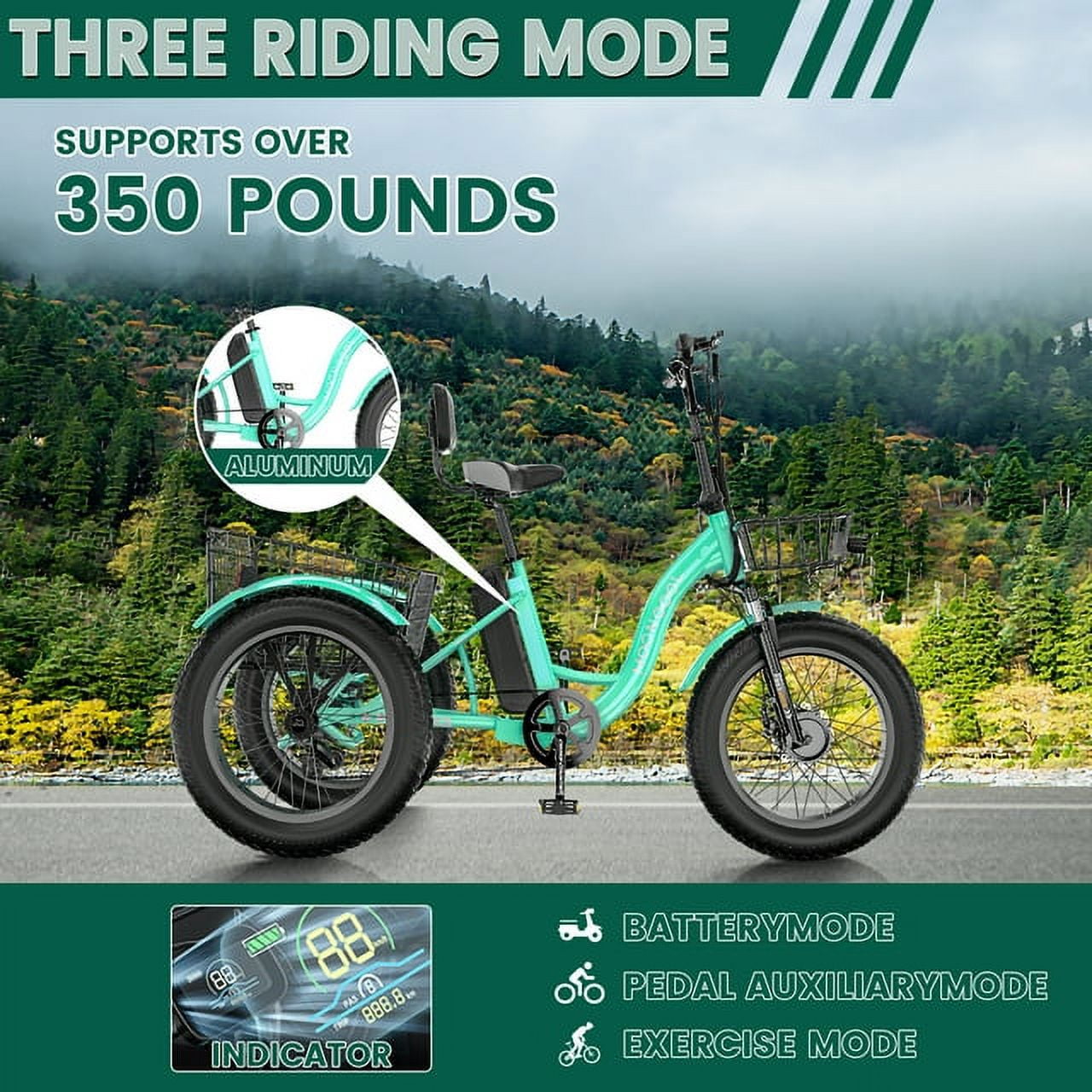 ABORON Electric Trikes for Adults Fat Tire 20" Electric Tricycle for Senior, 500W 3 Wheel E-Bike 48V 14.5Ah, 7 Speed Aluminum Electric Bicycle with Rear Basket, 25.6km/h(16mph)