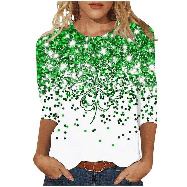 ZVAVZ Chandail en Molleton de la Saint-Patrick pour Femmes, Chemises Imprimées Mode Manches 3/4 Printemps Patchwork Col Rond Tunique Hauts Décontractés Chandail Ample Multicolore, 3TG
