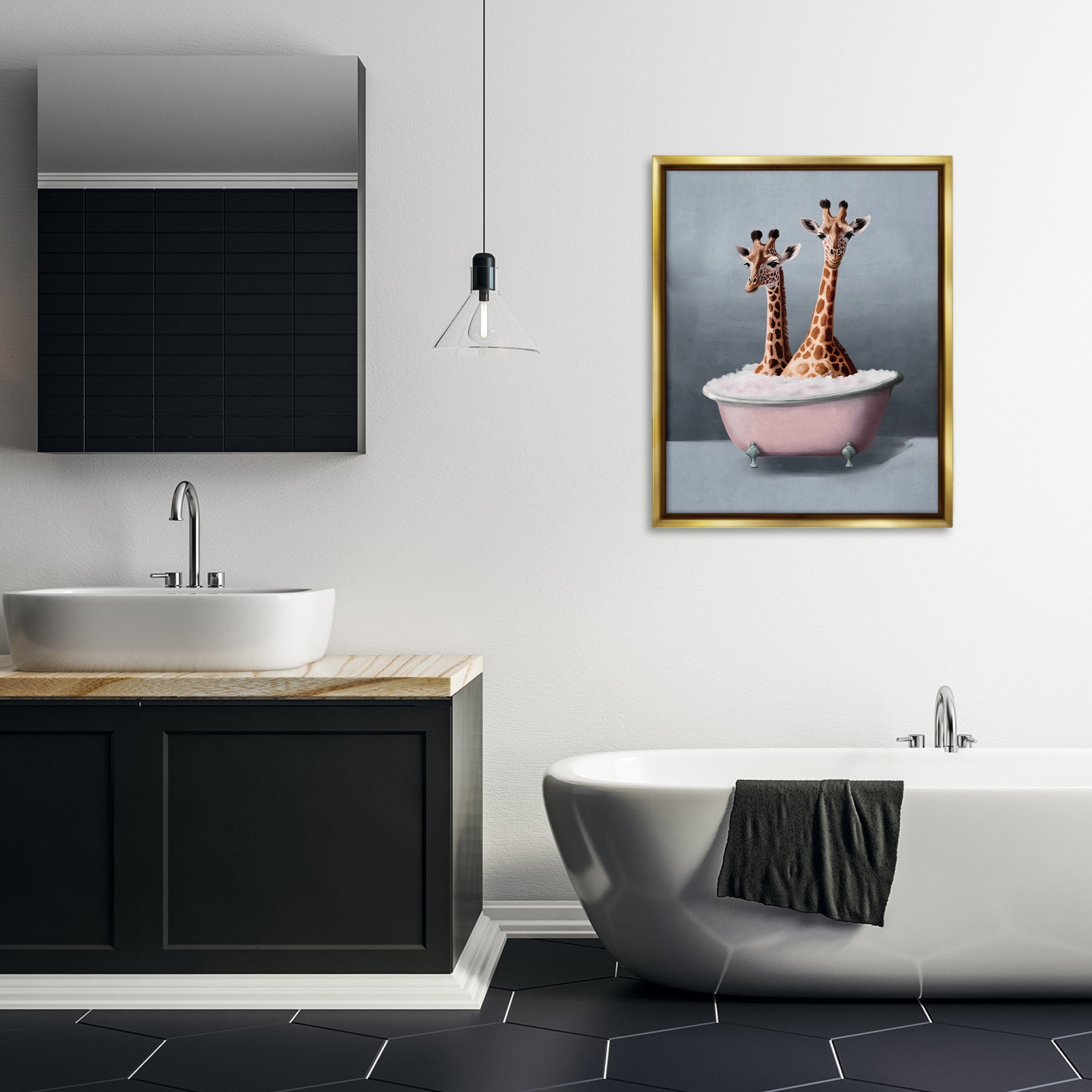 Stupell Industries Giraffe Pair in Tub Bath & Laundry Painting Gold Floater Framed Canvas Art Print Wall Art, 25 x 31