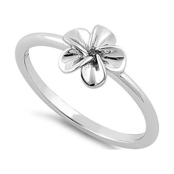925 Sterling Silver Platinum Plated Single Plumeria Flower Women Valentines Day Gifts Ring