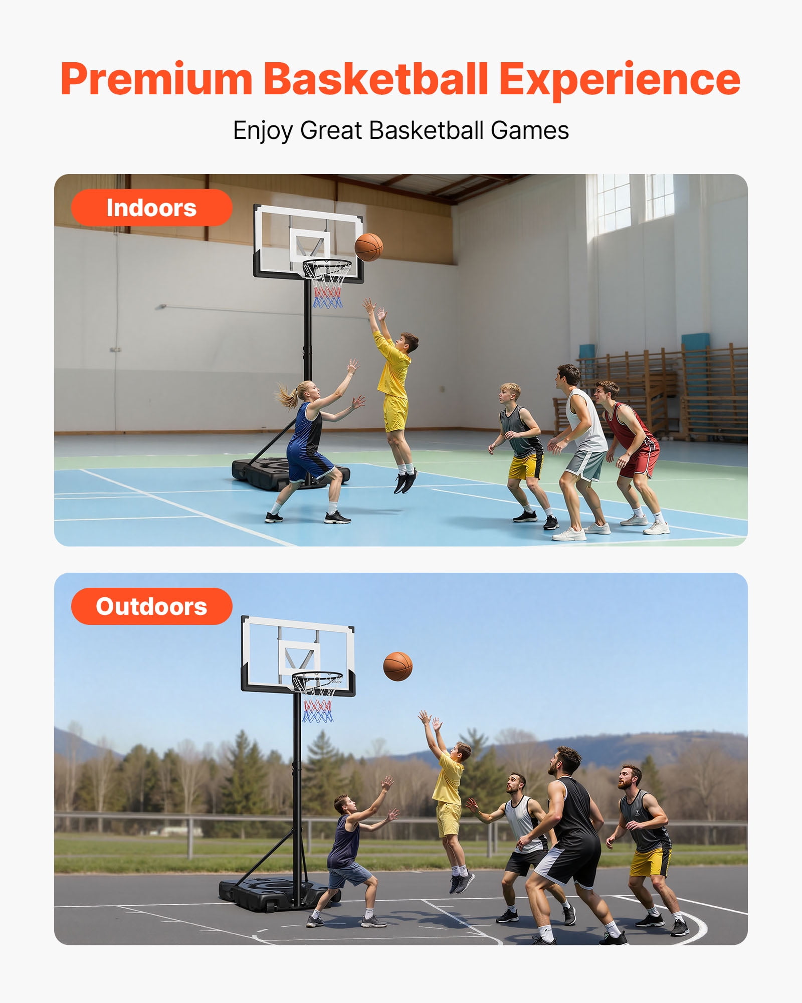 VEVOR Portable Basketball Stand, 10 ft Height Adjustment Basketball Hoop & Goal, Portable Basketballs Hoop with 48 inch PC Backboard & Wheels for Kids, Teens, Adults in Driveways, Pools, Schools