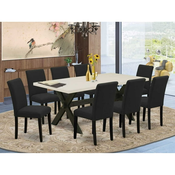 East West Furniture 9-Pc Dinette Set Includes 8 Parson dining chairs with Upholstered Seat and High Back and a Rectangular Breakfast Table - Black Finish