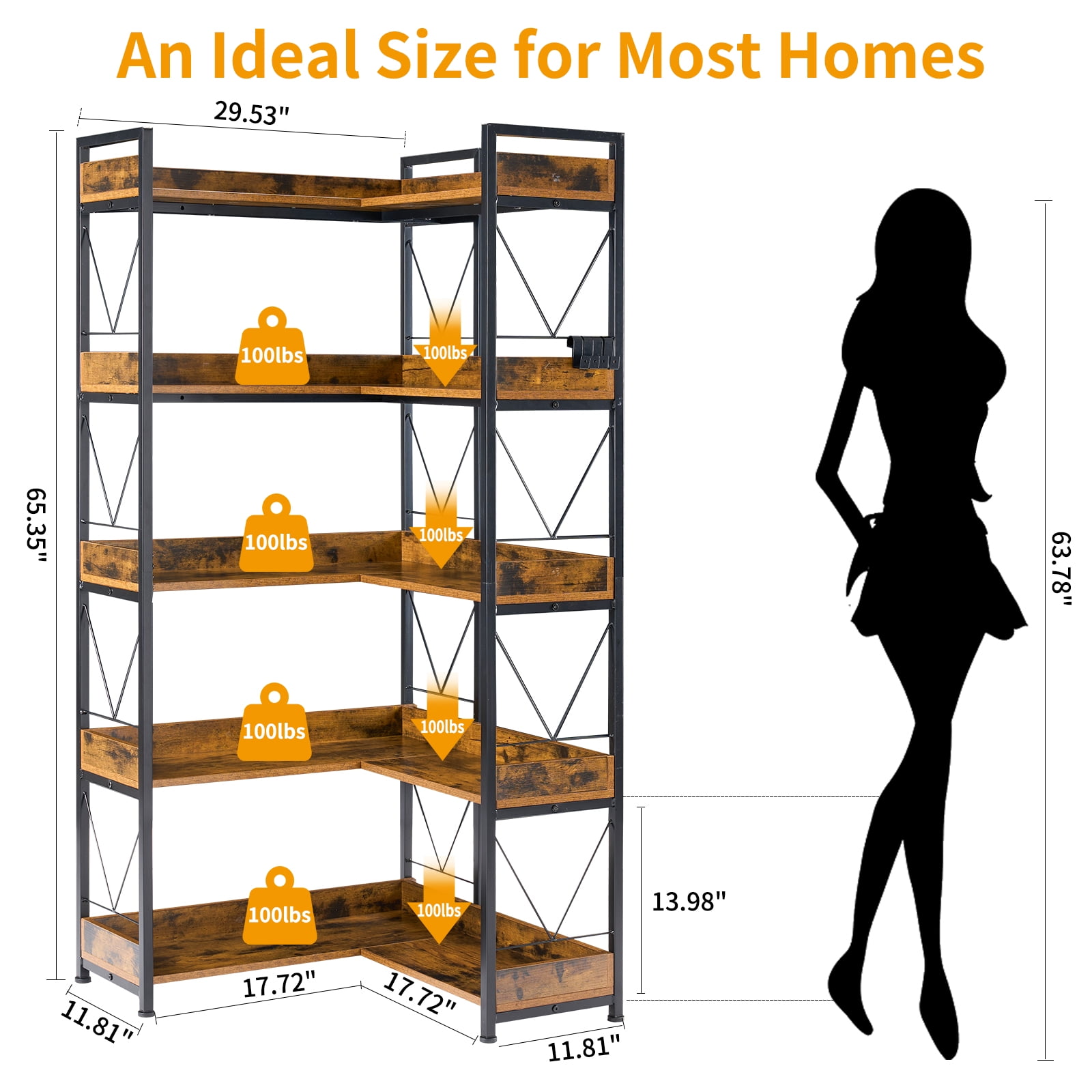 EDX 5-Tier Corner Shelf,  65'' L-Shaped Display Bookshelf , Industrial Wooden Bookcase with Metal Frame for Home , Office, Rustic Brown
