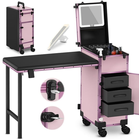 EasyinBeauty Rolling Portable Manicure Table with 3 Drawers, Mirror & Nail Polish Organizer