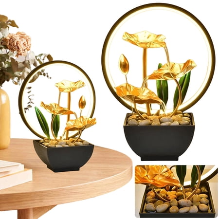 YiaNXan 3-Tier Lotus Leaf Flowing Water Fountain with Natural Rocks & LED Ring Light Small Waterfall Fountain USB Powered for Office Living Room Decor