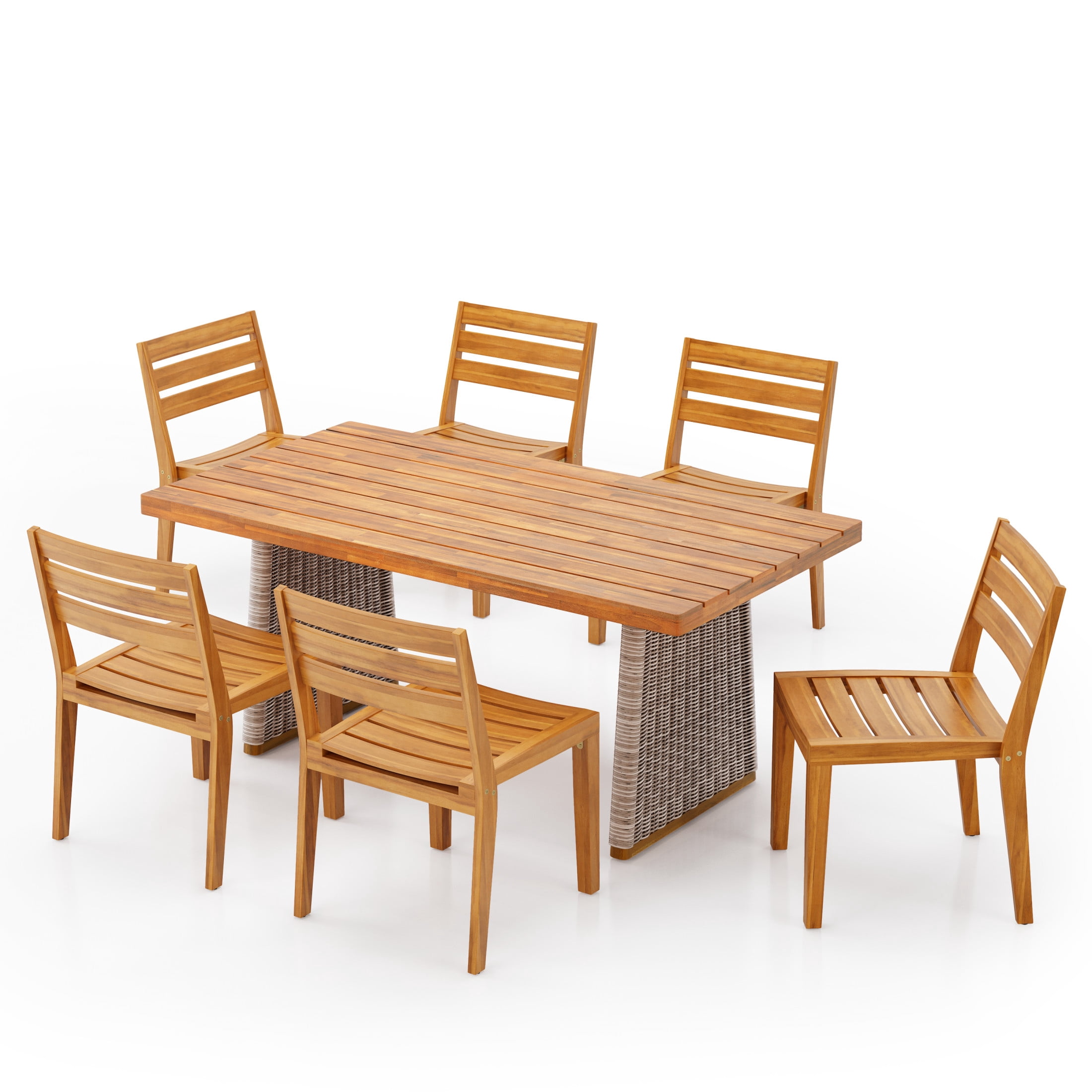 Christopher Knight Home 7-Piece Outdoor Dining Table with Slat Back Chairs, Wood Frame, Brown Wicker Legs