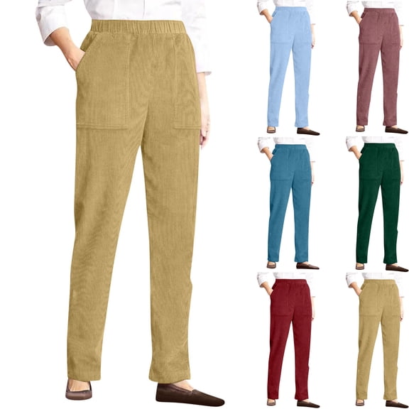 WULMLEO Ribbed Corduroy Pants Women Comfy Elastic High Waisted Straight Leg Pants with Pockets Pull On Work Trousers Slacks Earthy Yellow S