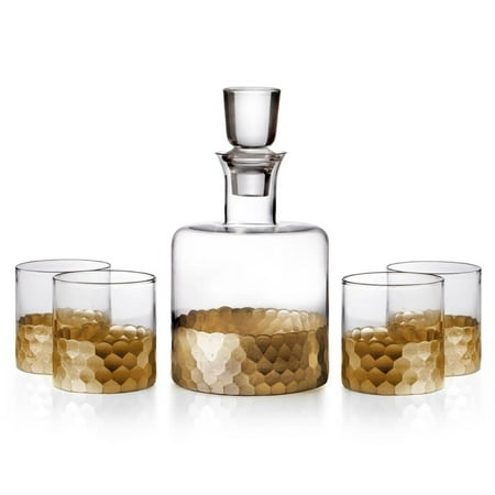 Fitz and Floyd, Round, Clear with Gold Bottom, Glass Whiskey Decanter Set, 5-Piece