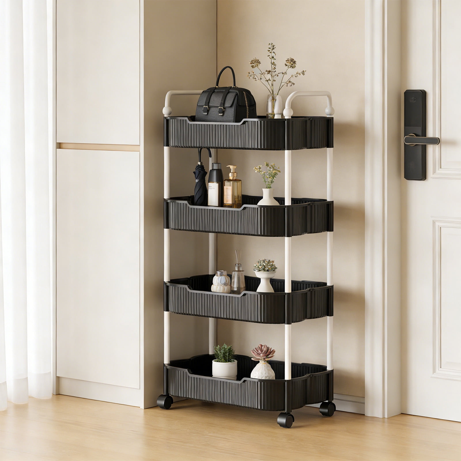 4-Tier Rolling Utility Cart, Multifunctional Storage Organizer with Plastic Shelf & Metal Wheel, Storage Cart for Kitchen, Bathroom, Living Room, Office