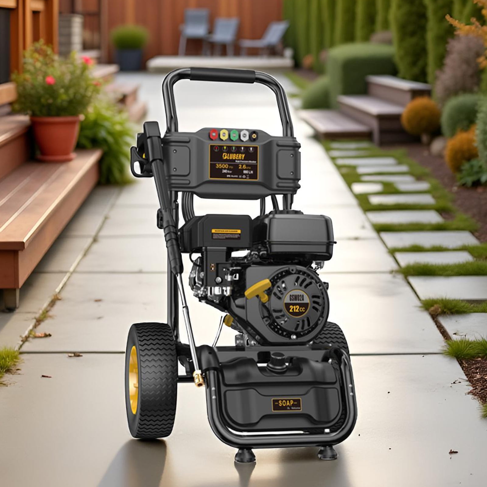BLUBERY Gas Pressure Washer, 3500 PSI, 2.6 GPM, Heavy Duty Power Washer, 30 ft Hose, Soap Tank, 212cc Engine